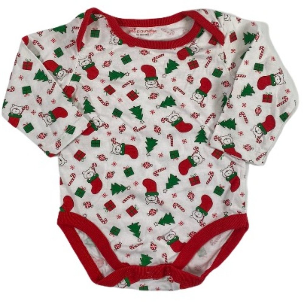6/$12 💥♻ Little Playmates Christmas White & Red LS Bodysuit | Size NB-3m | 0589